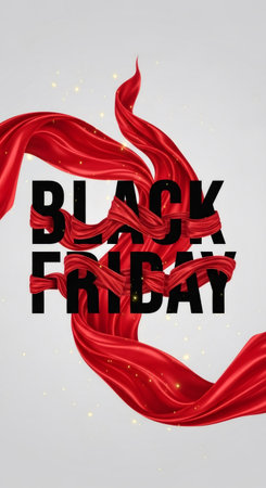 Red silk fabric gracefully flowing around the black text Black Friday. Sales and discount concept for social media story or advertising post.の素材
