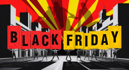 People celebrating Black Friday with banners and city background. Shopping event and sale concept for advertising poster.の素材