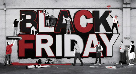 Group of men and women painting a brick wall with large Black Friday text. Marketing and advertising concept for seasonal sales and shopping event.の素材