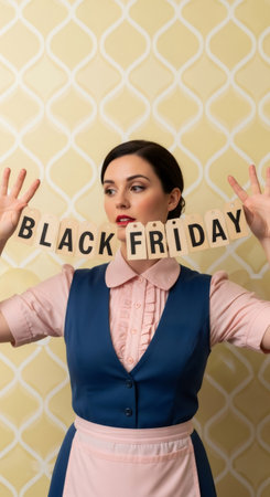 Woman holding Black Friday sign, concept for sales promotion, seasonal retail advertisement, and holiday e-commerce banner use.の素材