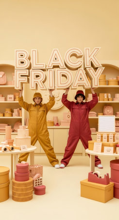 Two young men in a store holding up a large Black Friday sign. Concept for sales, discount and commerce during the holiday season.の素材