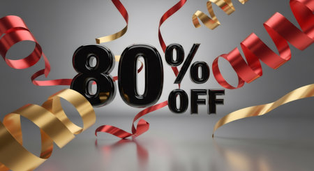 Black 80% off text with red and gold ribbon. Sale announcement for discount advertising. Black Friday or holiday shopping promotion.の素材