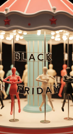 Black friday sale promotional image with colorful mannequins on a carousel ride. Discount offer and shopping concept for marketing and advertising.の素材