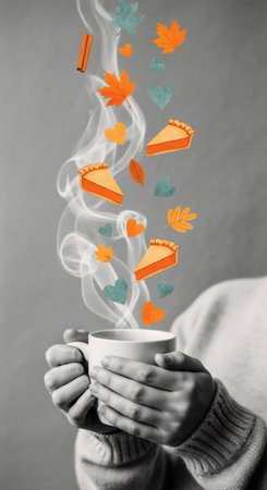 Woman holding a hot cup with steam and autumn elements. Thanksgiving day coziness concept for holiday greeting card. Creative seasonal design.の素材