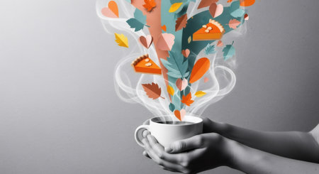 Woman holding a cup of hot drink with steam transforming into autumn leaves and pumpkin pie. Concept of Thanksgiving, comfort, and cozy fall season.の素材