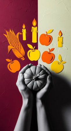 Woman holding small gray pumpkin with paper cutouts of corn, apples, and candles on two-tone background, concept for Thanksgiving design.の素材
