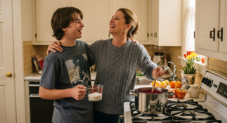 Woman and boy cooking together for Thanksgiving Day. Happy family preparing holiday meal in kitchen. Authentic moment of shared joy and connection.の素材