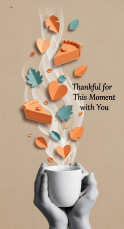 Woman hands holding coffee cup with vapor rising into paper cut fall leaves, pumpkin pie, and hearts for a Thanksgiving Day greeting card or invitation.の素材
