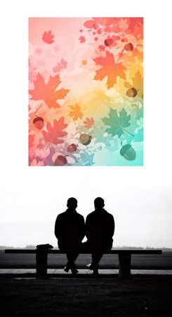 Two men silhouette sitting on a park bench under an autumn maple leaf illustration. Concept of fall season and Thanksgiving.の素材