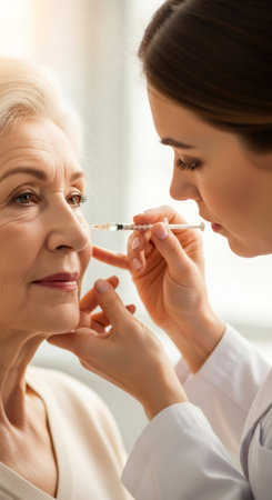 Woman cosmetologist giving injection to mature woman face. Anti-aging beauty procedure for rejuvenation. Aesthetic cosmetology and skincare concept.の素材