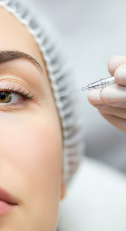 Woman receiving cosmetic thread lifting procedure near eye. Facial rejuvenation with mesotherapy at a beauty clinic. Aesthetic medicine for anti aging.の素材