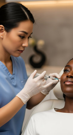 Asian woman cosmetologist giving injection to african american woman patient. Aesthetic beauty procedure for skin rejuvenation.の素材