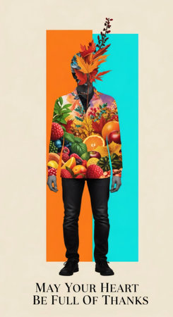 Man with autumn leaves for a head and a shirt made of fruit for Thanksgiving Day. Seasonal blessings and harvest abundance concept.の素材
