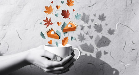 Two caucasian woman hand hold a white cup with flying paper autumn leaves and pumpkin pie slices. Thanksgiving Day concept with warm drink and dessert.の素材