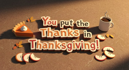 You put the thanks in Thanksgiving! message with pie, leaves, apple slices and mug of coffee. Autumn holiday greeting card concept.の素材