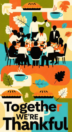 Illustration of a family dinner for Thanksgiving Day. People celebrating holiday together at home. Family gathering for autumn tradition.の素材