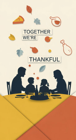 Family silhouette dining together at table with thanksgiving food on a cream background, an illustration of a happy holiday gathering.の素材