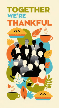 Community of diverse men and women gathers for Thanksgiving celebration, displaying gratitude and unity. Seasonal elements and text Together we are Thankful.の素材
