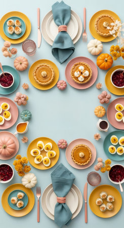 Thanksgiving day meal setup with mini pumpkin pies, deviled eggs, and cranberry sauce for autumn holiday dinner celebration.の素材