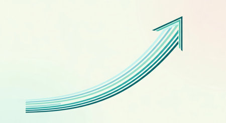 Striped green arrow indicating growth. Upward rising trend line for economic development or business success. Concept of positive progress for infographic.の素材