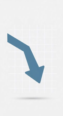 Blue arrow pointing downward on financial graph. Business chart showing descending trend. Digital stock market data visualization for decline analysis.の素材