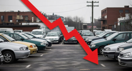 Parking lot full of many cars with a large red arrow pointing downward. Declining business, sales, or economic performance concept for vehicle industry report.の素材