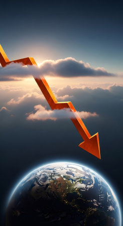 Orange arrow pointing downward through clouds towards earth. Global economic downturn visualization for market analysis and business decline concept.の素材