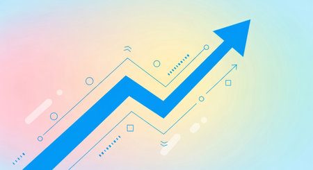 Blue arrow pointing upward on financial graph. Business growth chart with rising trend line. Digital stock market data visualization for investment analysis.の素材