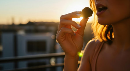 Woman enjoying dark chocolate praline on a city rooftop at sunset. Happy celebration on a summer evening terrace.の素材