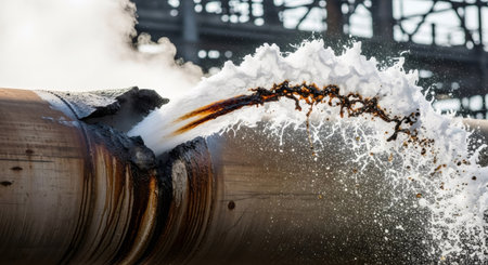 Close up of a burst pipe releasing a burst of brown dirty water, smoke, and steam due to a catastrophic industrial disaster or accident.の素材