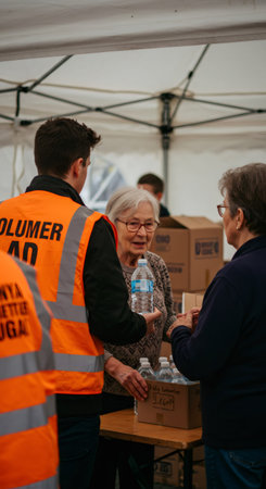 Young male volunteer gives a plastic bottle of drinking water to an elderly woman aid recipient. Humanitarian refugee crisis relief.の素材