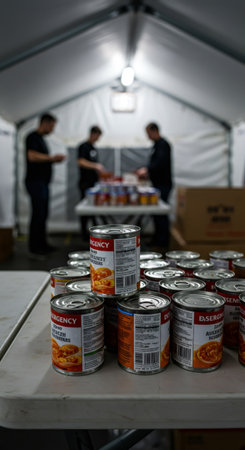 Emergency food cans on table in tent. Humanitarian aid and disaster relief concept. Refugee camp distribution point.の素材