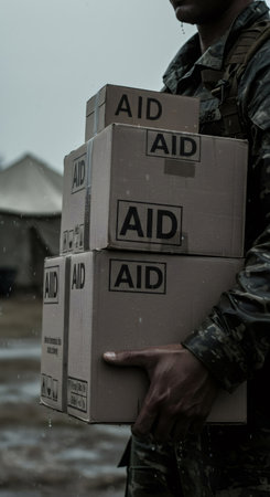 Man in military uniform carrying boxes labeled aid. Humanitarian assistance delivered during disaster relief operations or natural calamity.の素材