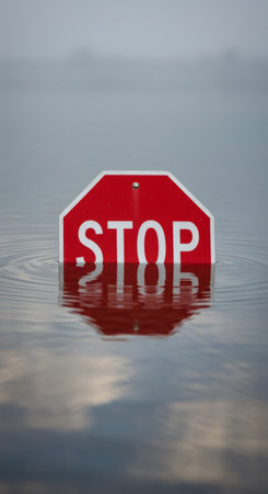 Red stop sign partially submerged in still water with rippled reflections. Concept of disaster, flood, emergency, or caution.の素材