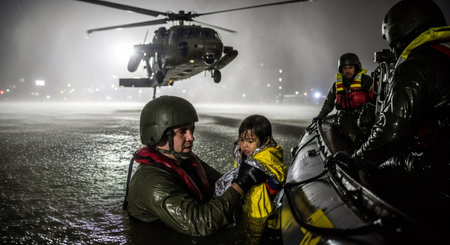 Man marine rescuing a child from flood in dark night during heavy rain. Natural disaster and emergency evacuation.の素材