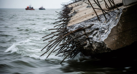 Broken concrete pier with exposed rebar over rough ocean water. Disaster concept showing aftermath of structural collapse or storm damage.の素材