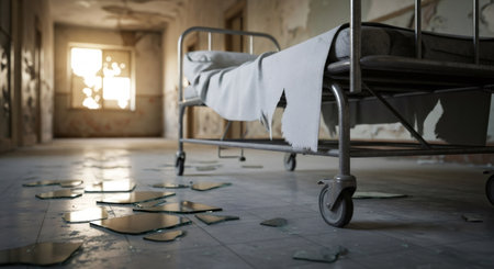 Empty bed on medical gurney in ruined hospital room with broken window glass. Abandoned building after disaster and emergency concept.の素材