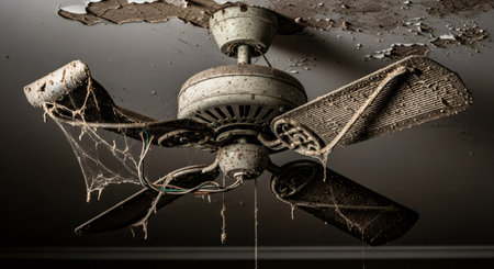 Old dirty ceiling fan with cobwebs and peeling paint. Abandoned house interior from natural disaster or neglect. Decay concept.の素材