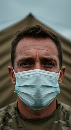 Man in medical face mask and military uniform. Soldier wearing protective mask for viral infection, pandemic, disaster. Protection and safety concept.の素材