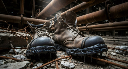 Heavy duty work boots on a destroyed industrial ground under rusted pipes. Chemical contamination or post-disaster scene.の素材