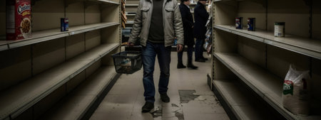 Man holding empty shopping basket in deserted supermarket aisle. Global food shortage or supply chain disruption concept. Consumer panic buying.の素材
