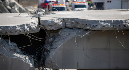 Concrete structure damage close up with exposed rebar, emergency vehicle lights in background. Disaster aftermath and construction failure concept.の素材