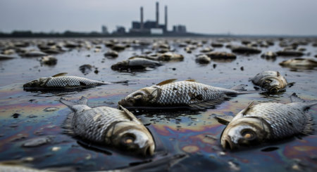 Dead fish floating on polluted water with oil slick in front of industrial plant. Environmental disaster concept for ecology problem.の素材