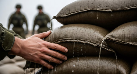 Man builds protective sandbag wall against flood. Military soldier constructs barrier against natural disaster. Emergency defense concept.の素材