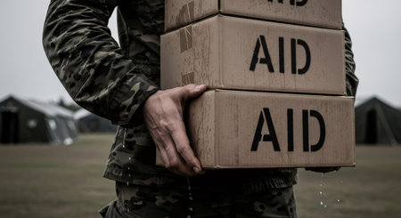 Soldier man carrying stack of aid boxes. Military humanitarian assistance. Relief for refugees and victims of disaster.の素材