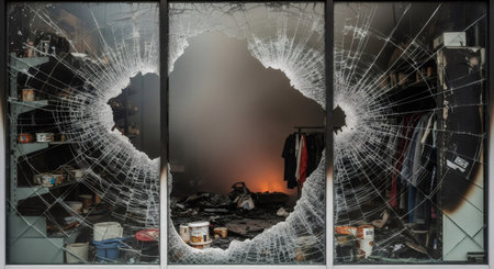 Shattered shop window with fire and smoke inside destroyed building. Aftermath of natural disaster, riot, or accident. Emergency situation.の素材