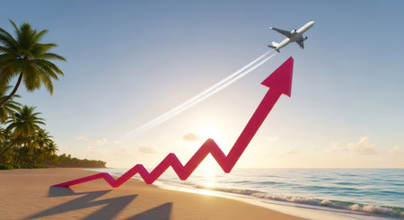 A red arrow graph emerging from a beach with palm trees, as a plane takes off, symbolizing business growth, travel demand, and finance.の素材
