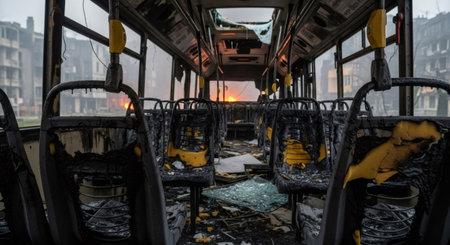 Interior view of a burnt bus, charred seats and broken glass inside. Aftermath of urban conflict or disaster, destruction and devastation concept.の素材