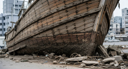 Abandoned wooden boat wreck stranded on dry land after flood or tsunami. Natural disaster impact on urban area.の素材