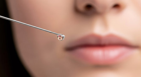 Syringe needle with drop of transparent liquid reflecting womans face, symbolizing beauty injection for rejuvenation and aesthetic cosmetology procedure.の素材